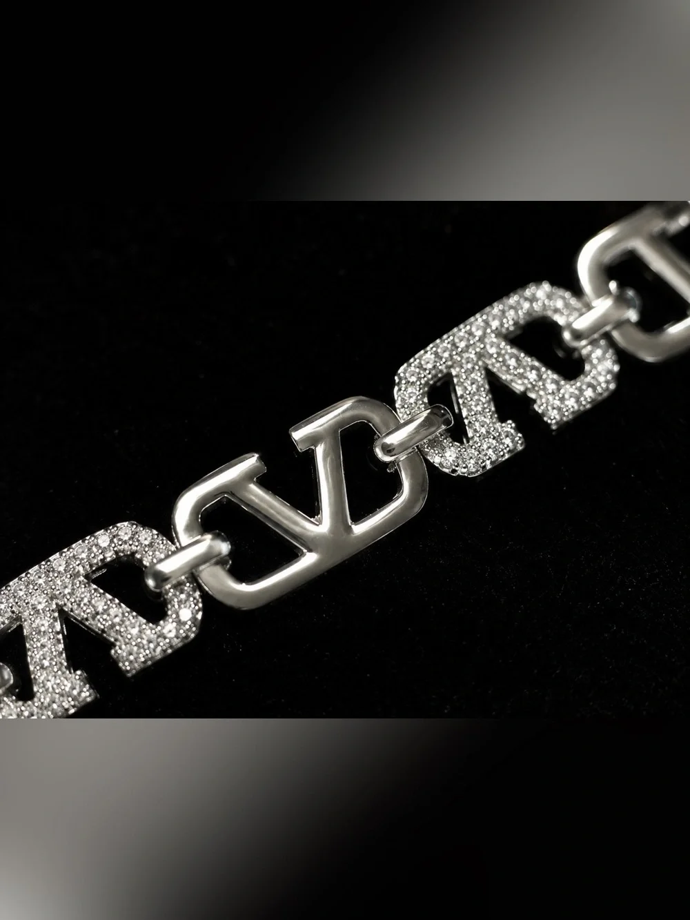 Silver Logo Link Bracelet with Crystal Accents